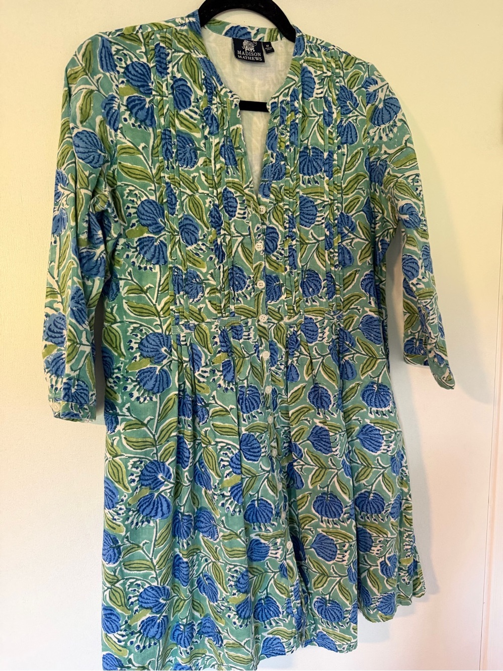 Madison Mathews Blue Green Floral Block Print Cotton Dress M